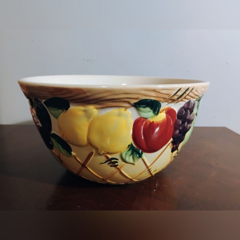 Vibrant Red and Yellow Ceramic Cookware Bowl with Rustic Fruit Design